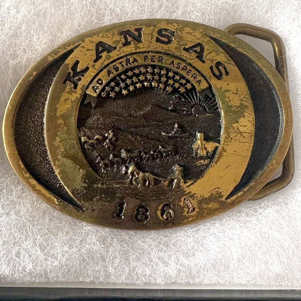 Vintage Kansas 1861 State Seal Belt Buckle Bergamot Brass Works PC-017 1982